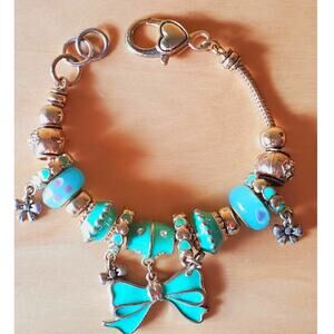 Ribbon Bow Theme Charm Bracelet Blue Enamel Beads Rhinestones Adjustable S-M